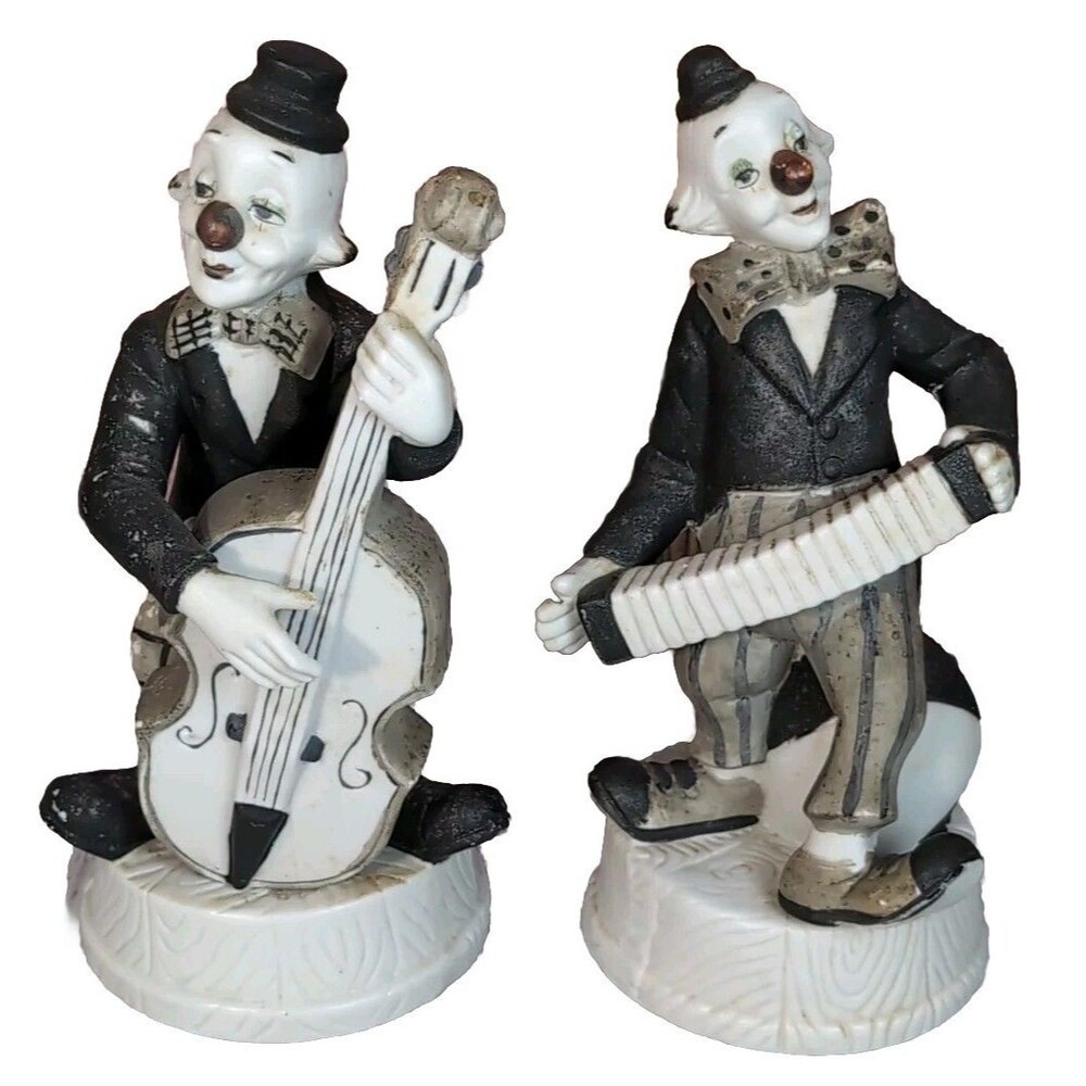 2 Vintage Musical Clown Ceramic Figurine Playing Cello Accordion Made In Taiwan